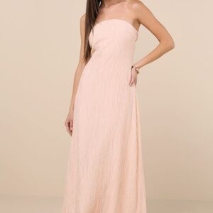 Lulus Radiant Season Peach Pink Plisse Cutout Strapless Maxi Dress - Size XL